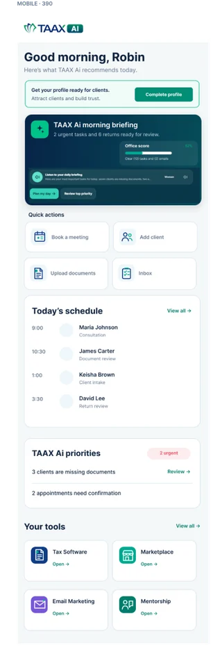 Current TAAX Ai mobile dashboard