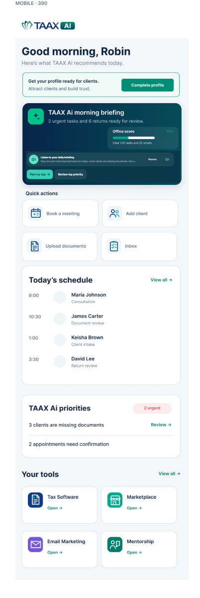 Current TAAX Ai mobile dashboard